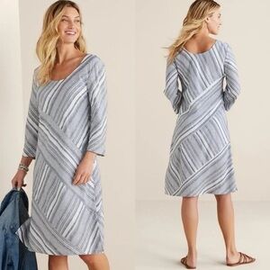 Brand New! Soft Surroundings Sonya long sleeve linen midi dress gray striped XS